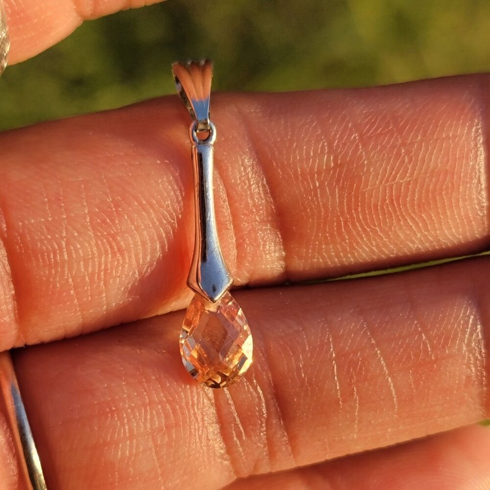 Elegant 925 sterling silver peach CZ teardrop fancy bar drop necklace pendant